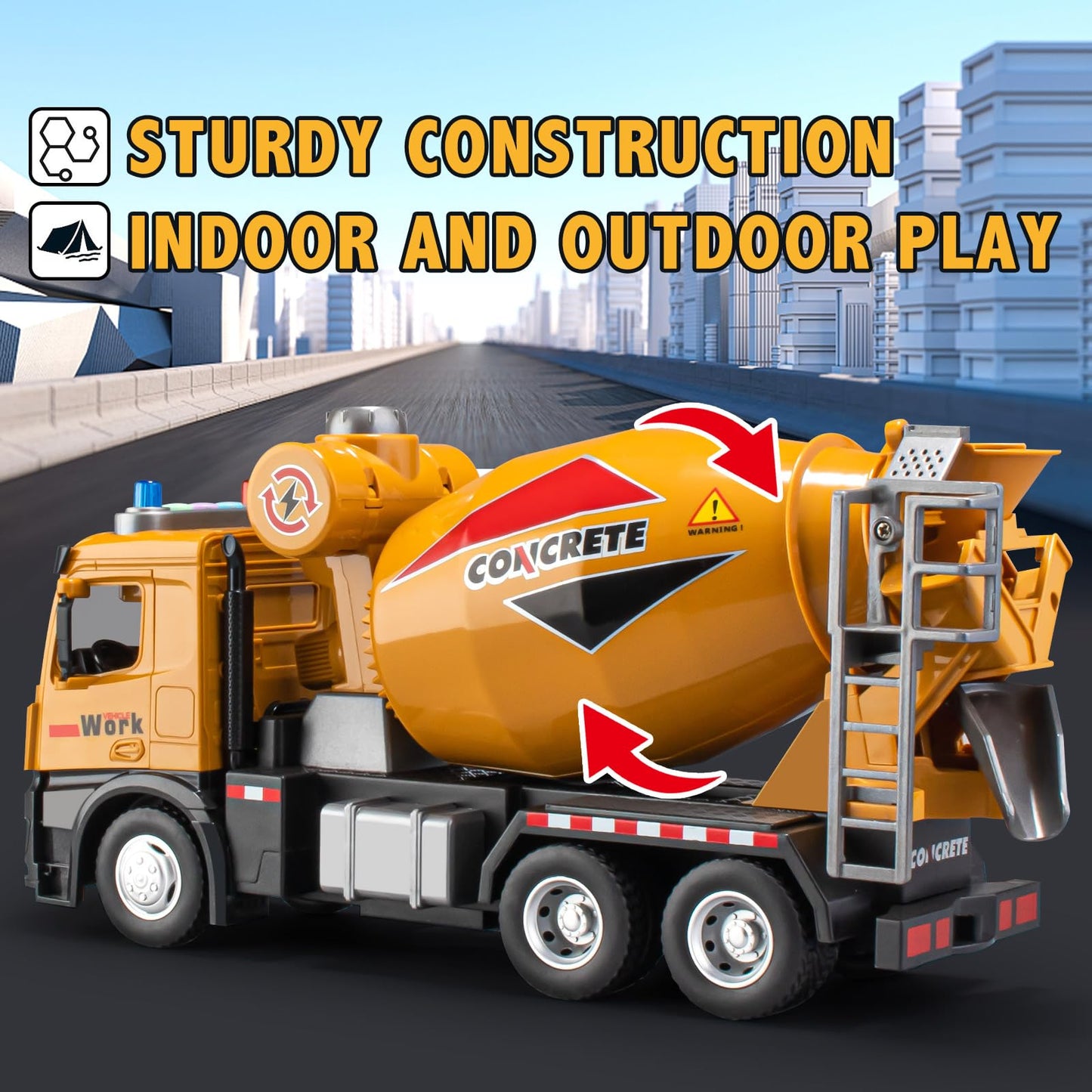 TAKGUD 11.5 Cement Mixer Toy Truck with Sounds & Lights, Friction Powered Construction Vehicle for Kids, Yellow Birthday Gift
