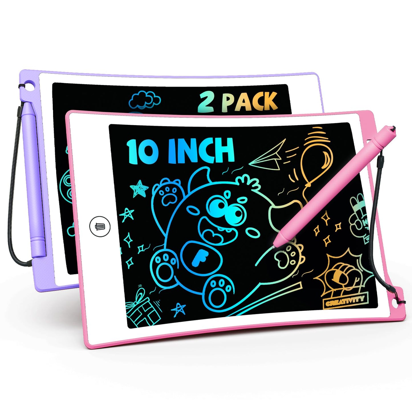 Tekfun 10In 2 Pack Lcd Writing Tablet Coloring Doodle Board Drawing Sketch Pad For Kids With Anti-Lost Stylus, Car Trip Educatio