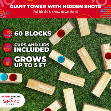SWOOC Giant Tower Party Game with Hidden Jello Shots - 5ft Tipsy Topple for Adults - Outdoor Jumbo Bar Game with Cups & Carrying Case