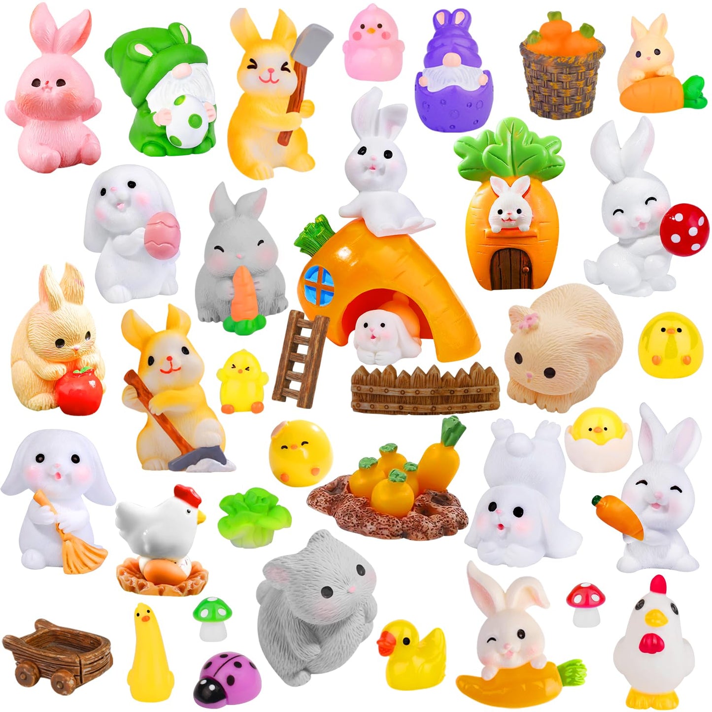 Qauyetm 50 Pcs Easter Mini Resin Figurines Mini Resin Animals Small Bunny Chick Tiny Little Gnome Figurine For Dollhouse Easter