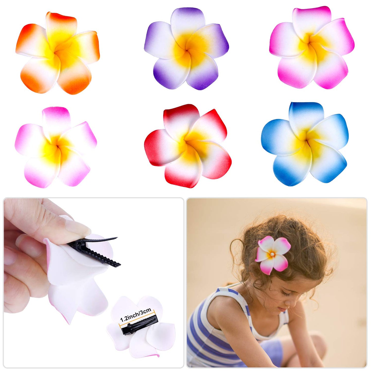 Ginmic Hawaiian Leis, Luau Party Favors,64Pcs Tropical Hawaiian Party Necklace,Hawaiian Plumeria Flower Hair Clip,Headbands And Wristbands, For Kids Or Adults Party Supplies, Summer Beach Vacation,