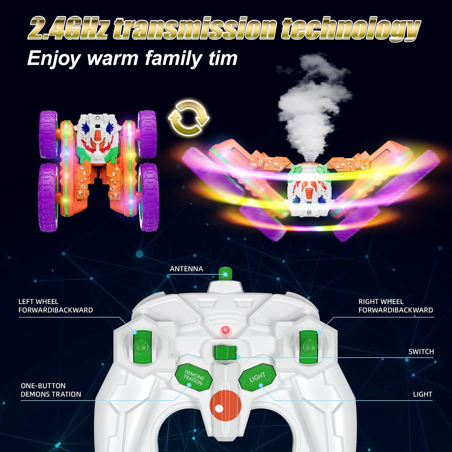 Terucle Remote Control Car, 4Wd Rc Cars With Cool Spray, 2.4Ghz Double Sided Rc Stunt Car With Cool Lights, Rc Drift Car For Kid