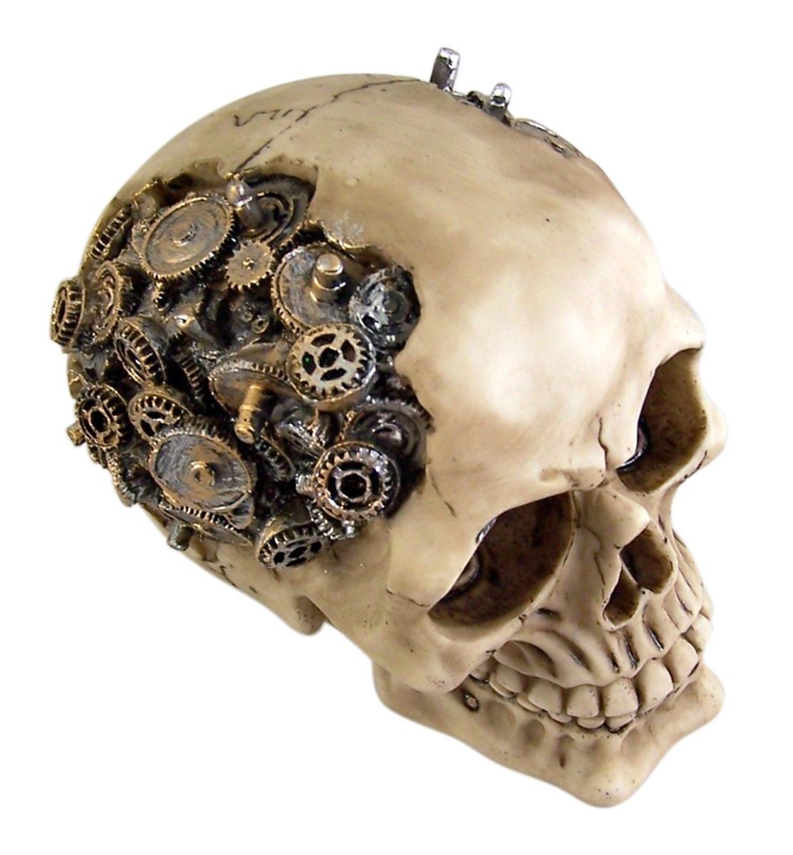 Pacific Trading Steampunk Cyborg Protruding Gear Work Human Skull Statue Clockwork Gear Design Skeleton Cranium Figurine