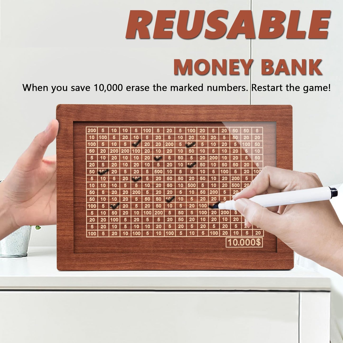 $10000 Cash Vault Wooden Savings Box,2024 New Wooden Savings Box With Money Target & Numbers,Retro Cash Saver Box, Reusable Coin