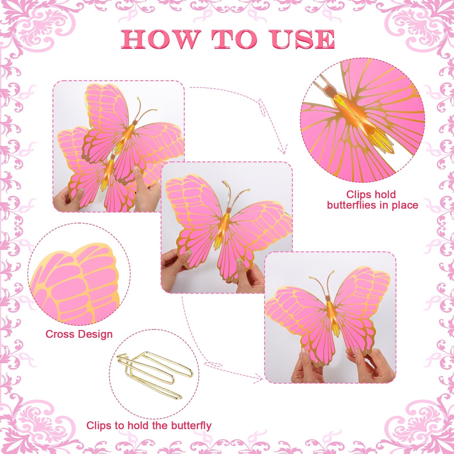 Wettarn 20 Pcs Butterfly Centerpieces For Tables Butterfly Party Decorations 3D Golden Butterfly Table Toppers Centerpiece For Girl Party Birthday Baby Shower (Pink,12 X 9 In,10 X 7 In)