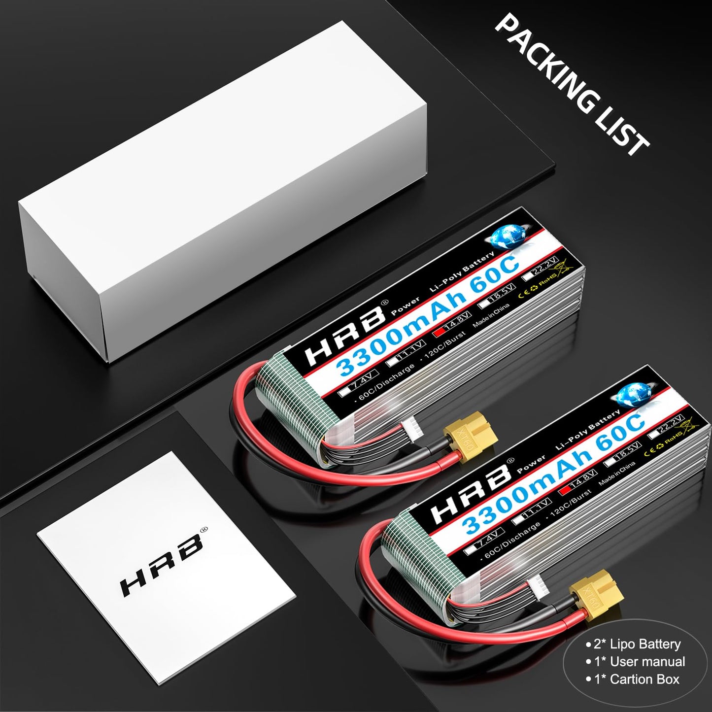 HRB 2 Packs 4S 3300mAh 14.8V Lipo RC Battery 60C with XT60 Plug for RC Airplane, Helicopter, Car, Truck,