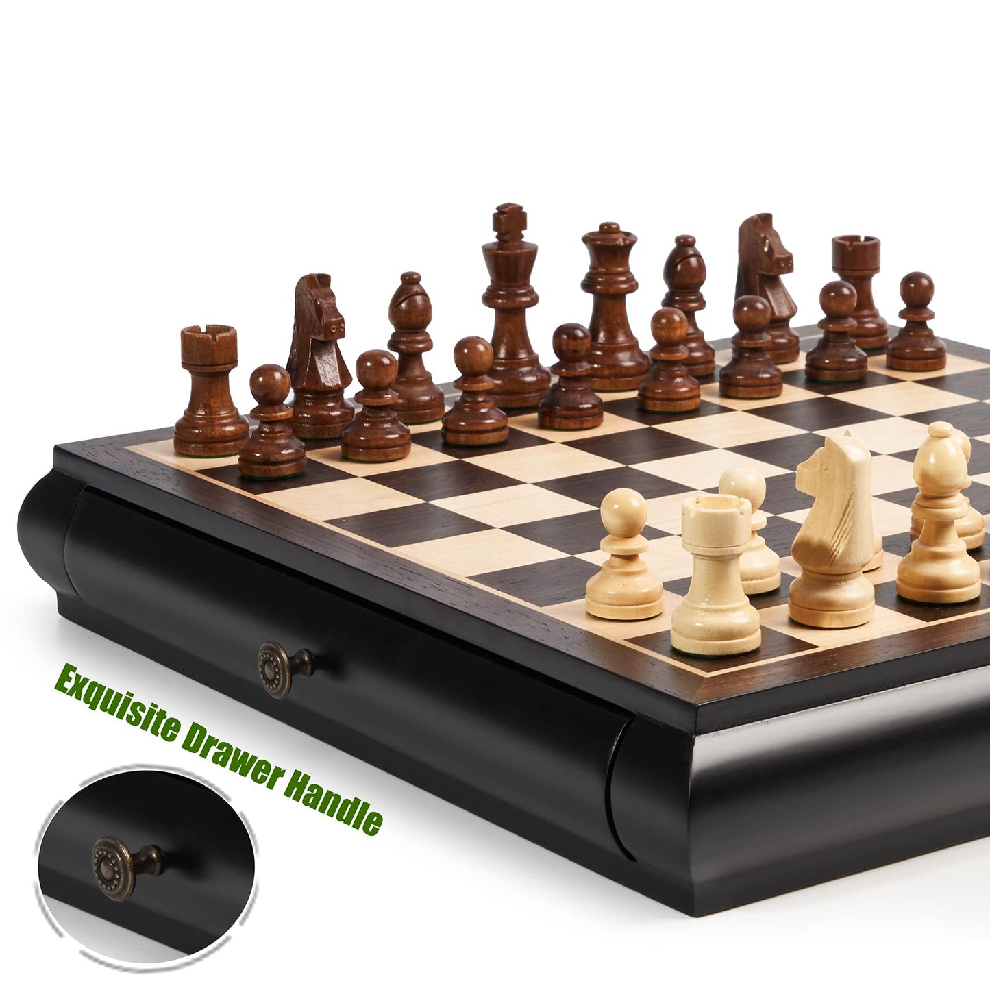 Vamslove Wooden Chess Checkers Game Set 15.5' Large Size Board W/Storage Drawers, Weighted Chess Pieces - 2 Extra Queens 3' King, Gift For Birthday Housewarming Retirement - Black