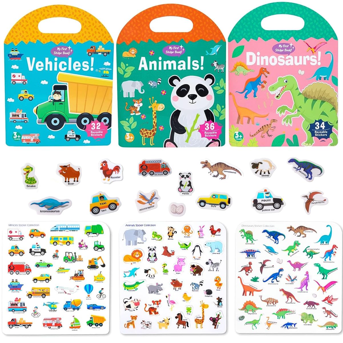 6 Sets Portable Jelly Quiet Busy Sticker Book, Vehicle & Animal & Ocean & Dinosaur & Insect & Space Reusable Sticker Books For Kids, Toddler Sticker Activity Book Preschool Learning Activities