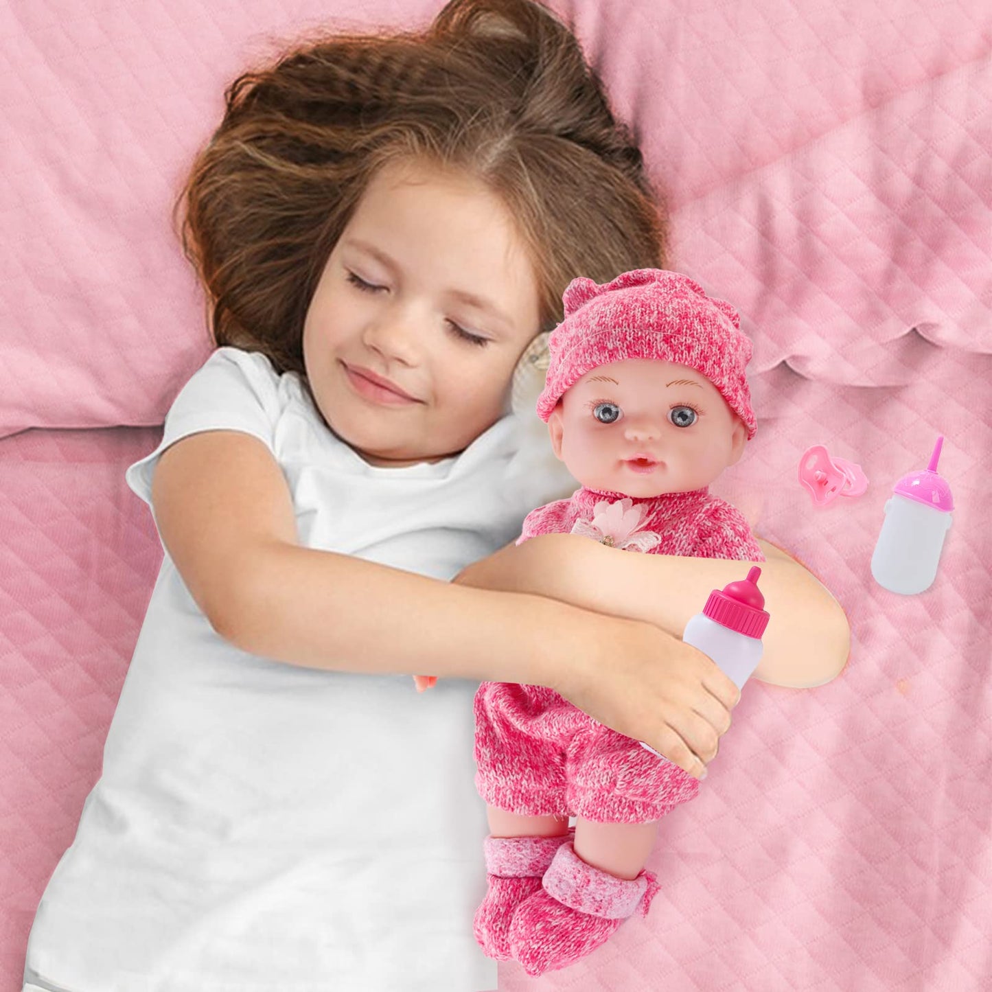 Dontno 12 Inch Baby Doll With Clothes And Accessories, Reborn Alive Baby Doll Feeding And Caring Set With Baby Bottles Diaper Nipple For Little Girls Pretend Play Set