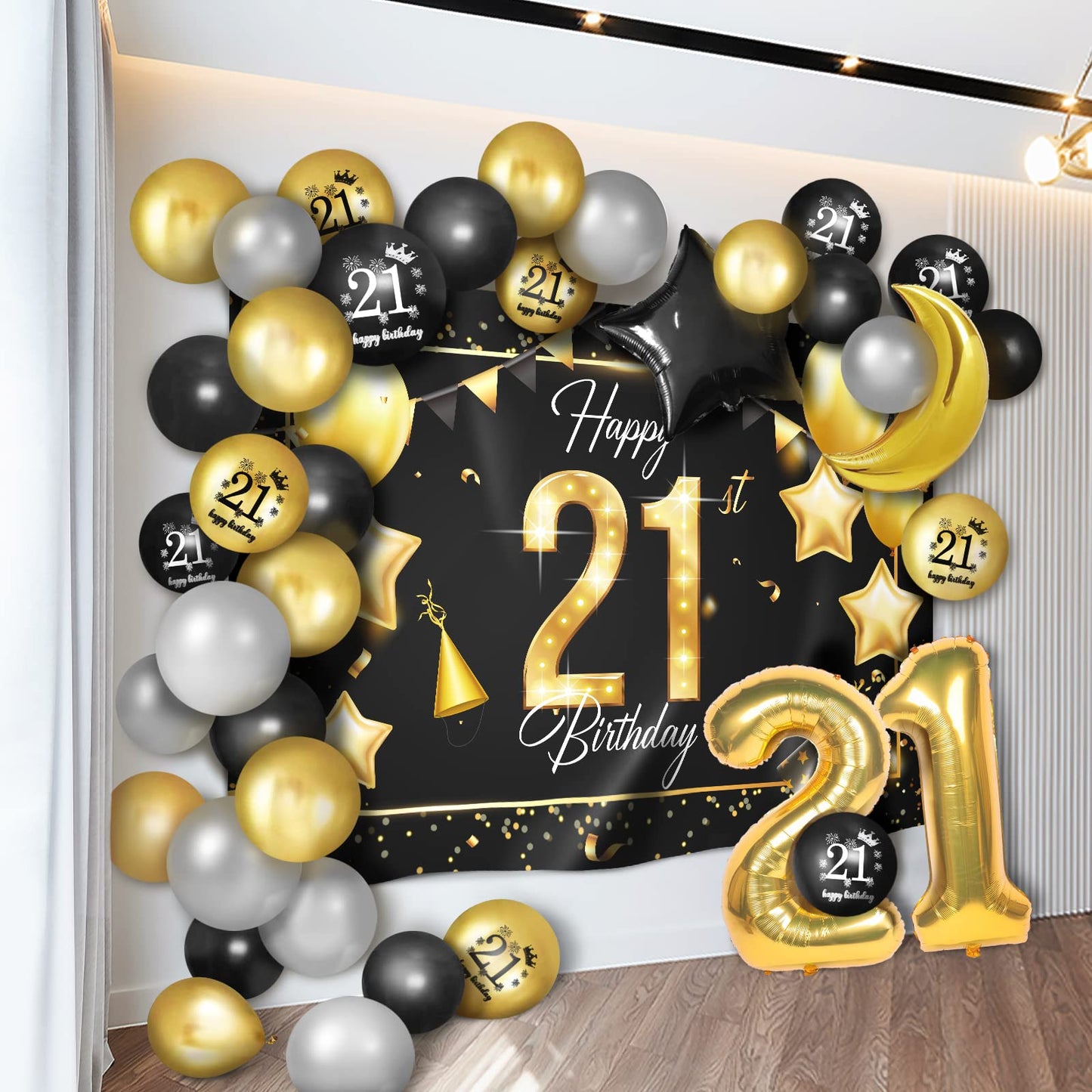 Happy 21St Birthday Balloons Gold Set Decor - Cheers To 21 Years Old Party Theme Garland Star Moon Banner Backdrop Decorations F