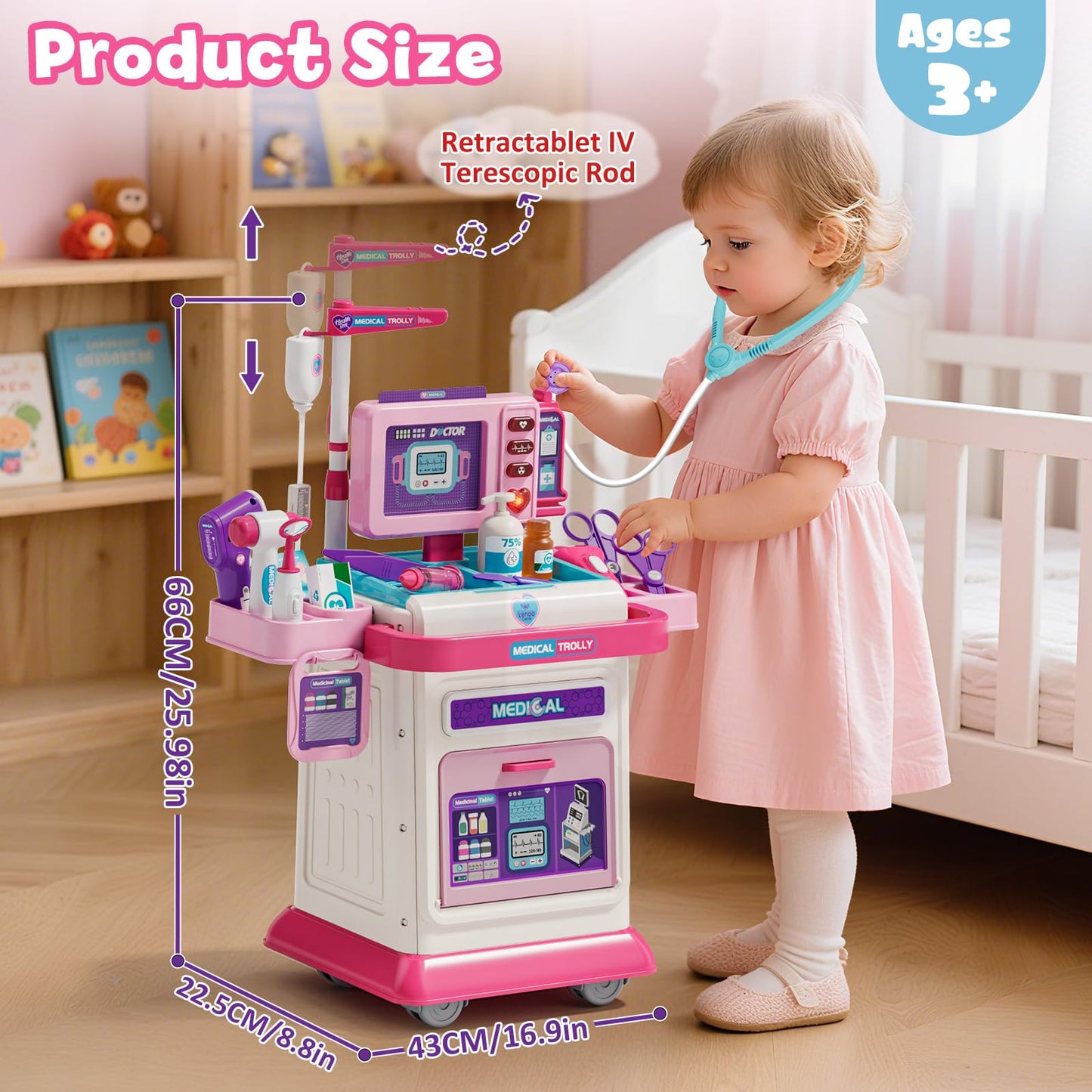 Lehoo Castle Doctor Kit for Toddlers, Mobile Cart with Lights & Sound, Pink, Model DK-007-P, Ideal Gift for Girls 2-5 Years Old