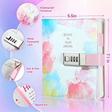 Sicbanna Diary With Lock For Girls Ages 8 9 10 11 12 Year Old, Kid Secret Notebook Locked Diary With Pens, 256 Pages Trendy Watercolor Journal With Lock For Teen Girls 8-12 Birthday Gift