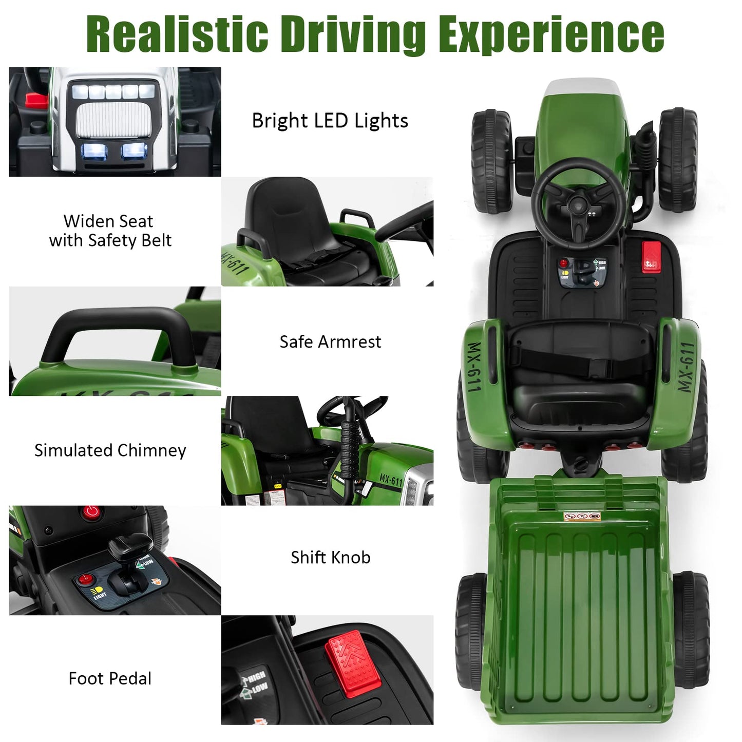Costzon Ride On Tractor With Detachable Trailer, 12V Kids' Electric Vehicles W/3-Gear-Shift Ground Loader, Wireless Design & Usb, 7 Led Headlights, Remote Control Tractor Toy For Kids 3+ (Dark Green)