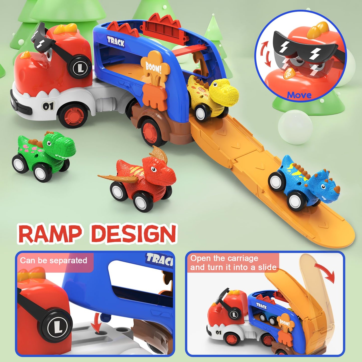 seveclotree Dinosaur Toys for Kids 2 3 4 5 6,5 in 1 Dinosaur Truck with 4 Dino Car,Light & Sound,Toys for 2-7 Year Old Boys Todd