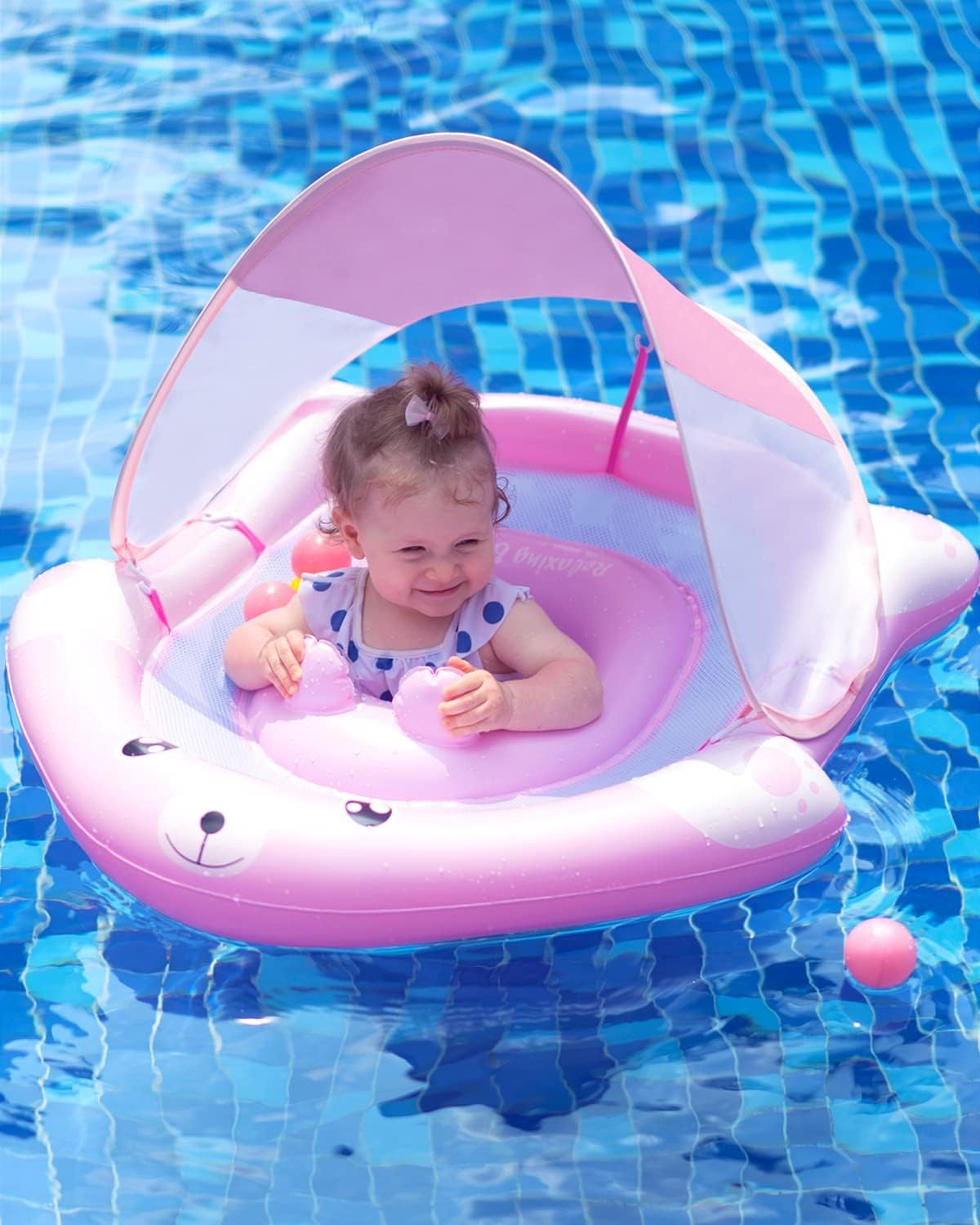Relaxing Baby - Pool Float With Adjustable Seat Pocket,Baby Swimming Float With Canopy Of Upf 50+ Uv Protection, Super Safety Bear-Shaped Baby Floats For 6-36 Months,Pink Bear