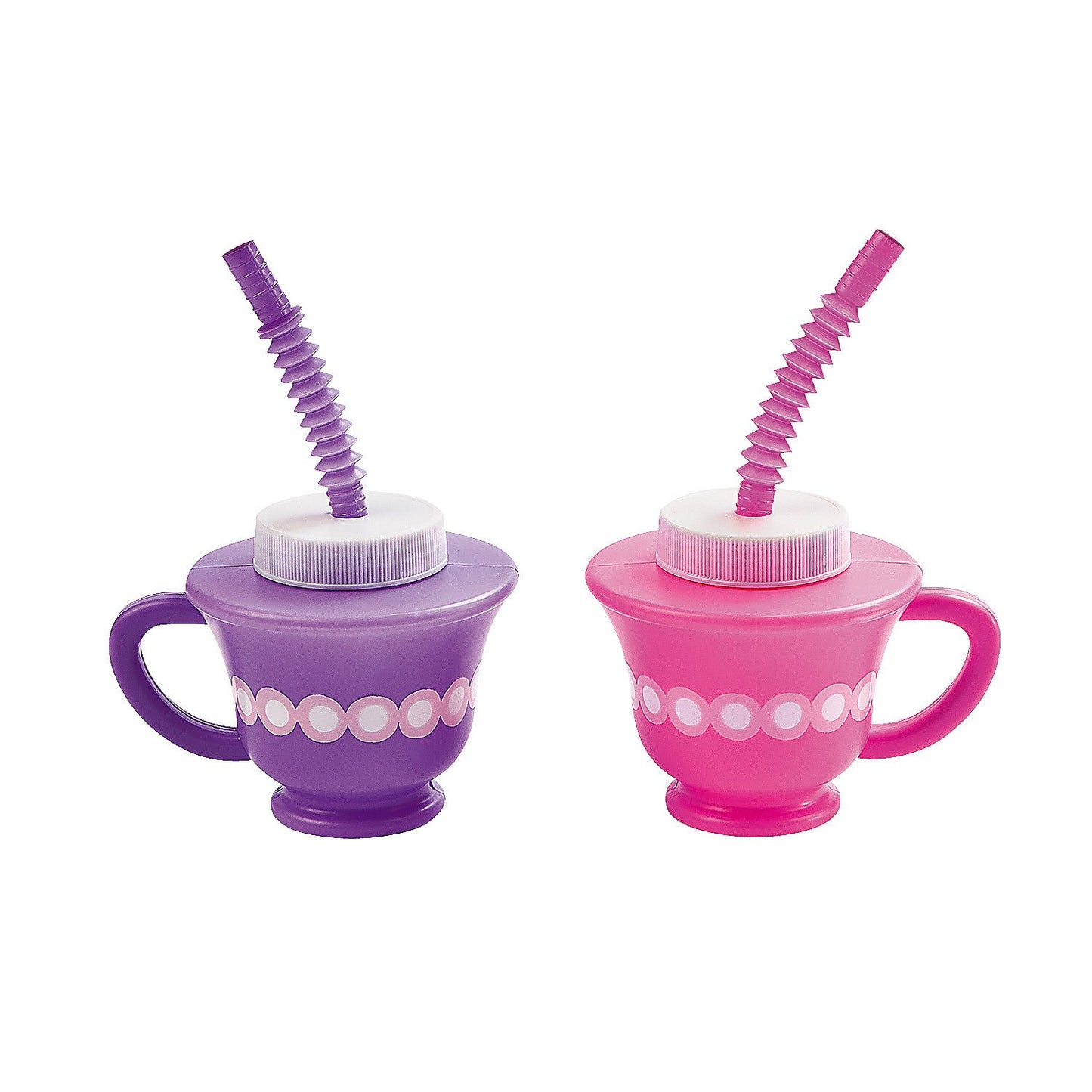Fun Express Set of 12 Pieces Tea Party Cups with Straws, 3-1/2 Cups with 7 Straws - Each Holds 8 oz, BPA Free Plastic, Birthday,