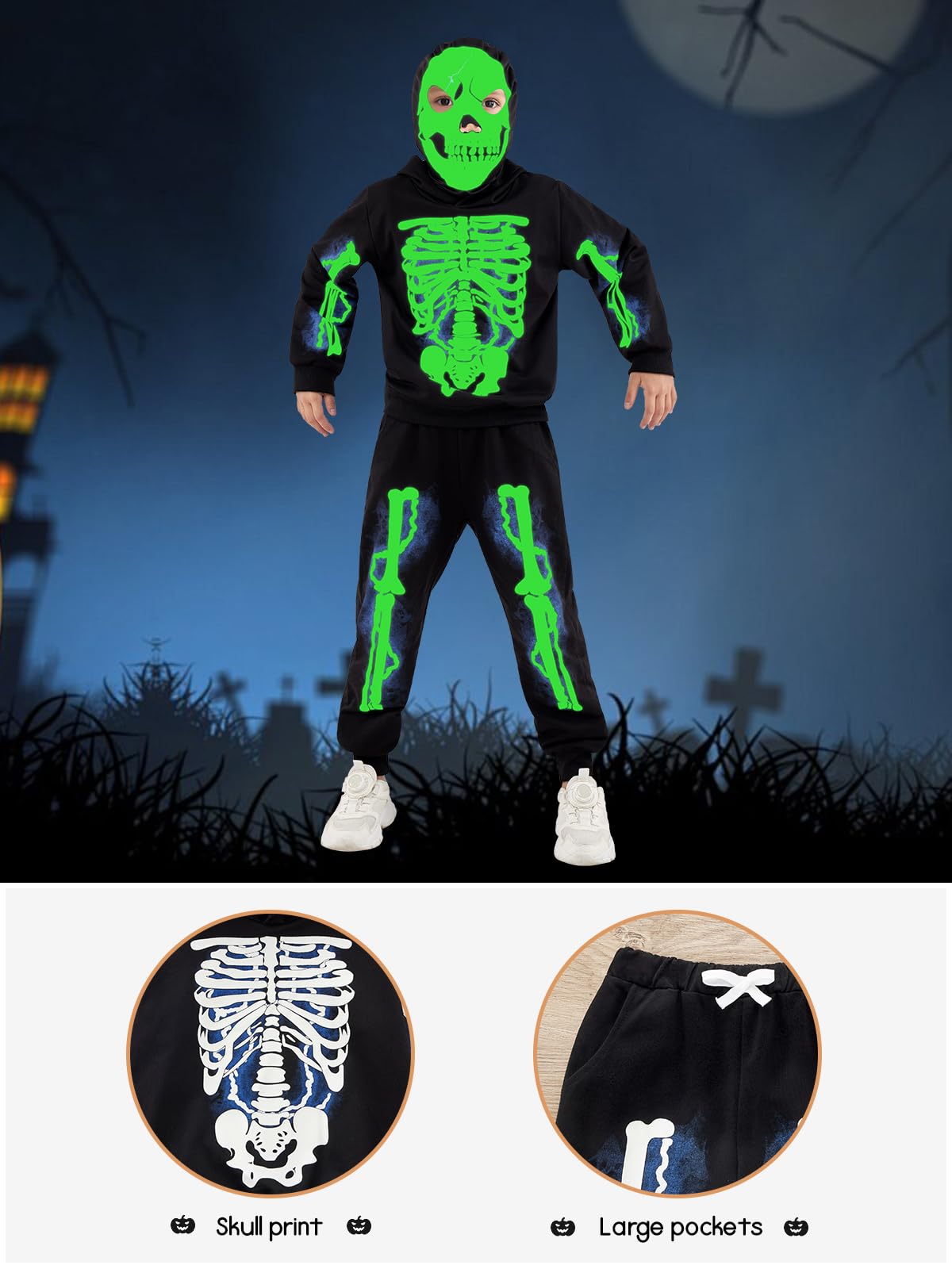 Urmagic Glow In The Dark Hoodies Set For Toddler Boys Girls Halloween Skeleton Costumes Pumpkin Sweatshirt Tracksuit Pants