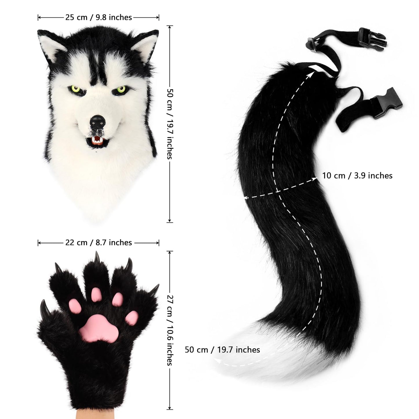 Hbbhml Animal Dog Head Mask Novelty Plush Tail Claw Paw Mittens Gloves Set Halloween Party Masquerade Costume Cosplay Husky