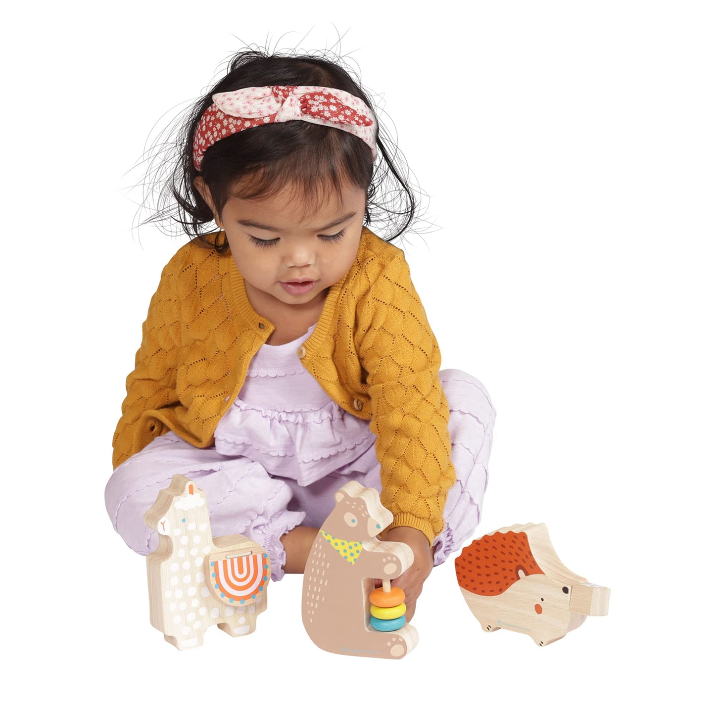 Manhattan Toy Musical Forest Trio 3 Piece Wooden Toy Set For Toddlers With Bear Rattle, Llama Clacker & Hedgehog Guiro