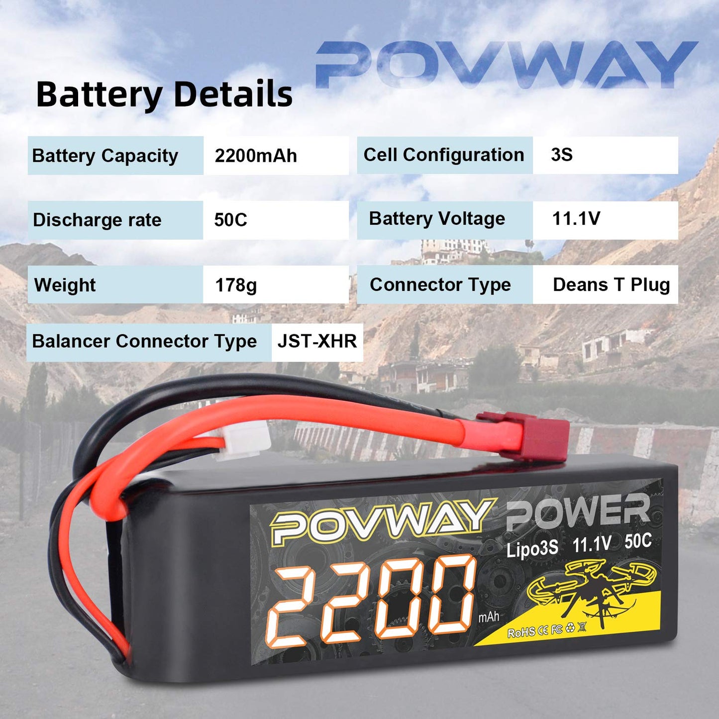 POVWAY 3S 11.1 V 2200mAh LiPo Battery 50C RC Battery with T Plug Compatible RC Airplane, RC Helicopter,Drone ect.(2 Pack)