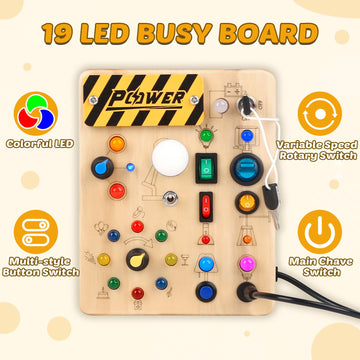 Joyreal Montessori Toddler Busy Board, 19 Led Wooden Sensory Board Educational Toys, Montessori Toys For 1-6 Year Old, Travel Toys Gifts For Toddlers Boys And Girls