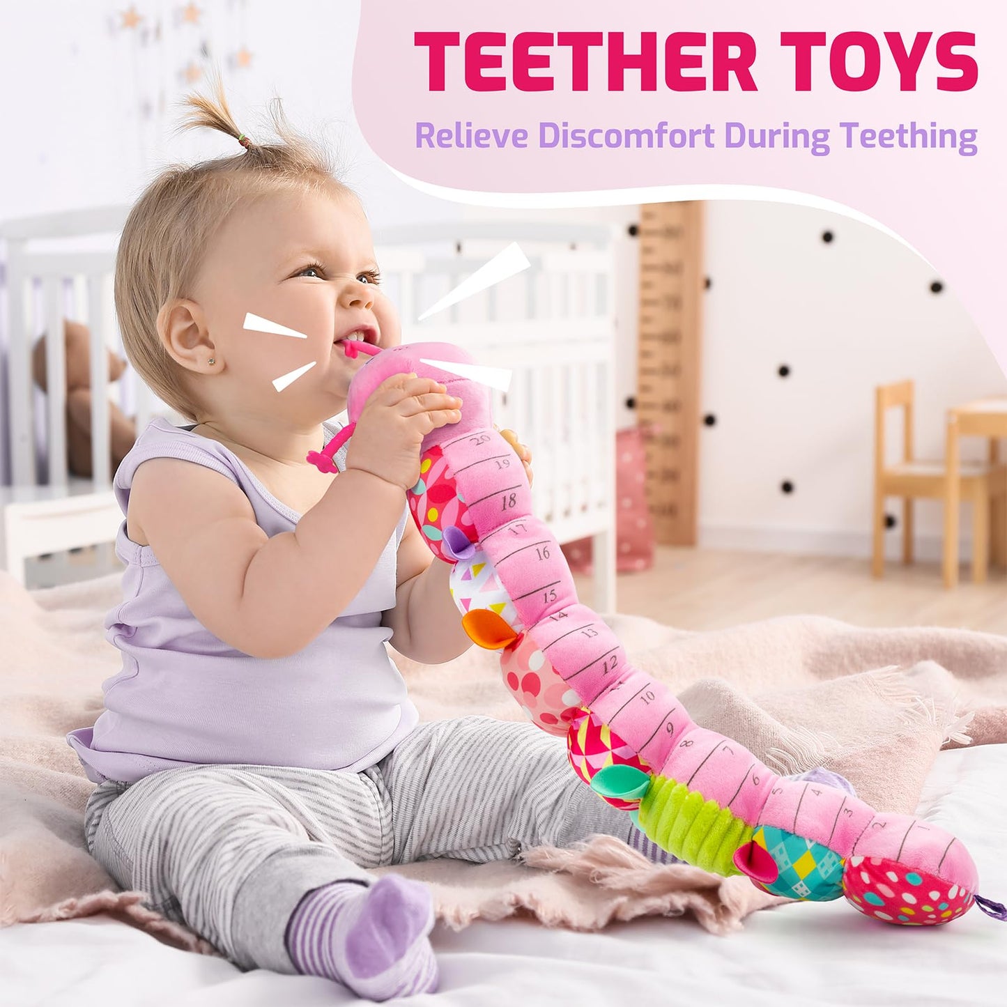 Sumobaby Infant Baby Musical Stuffed Animal Toys For 0-3-6-12 Months,Multi Sensory Toys With Crinkle And Rattles, Tummy Time Toys For Newborn Boys Girls, Caterpillar, Pink