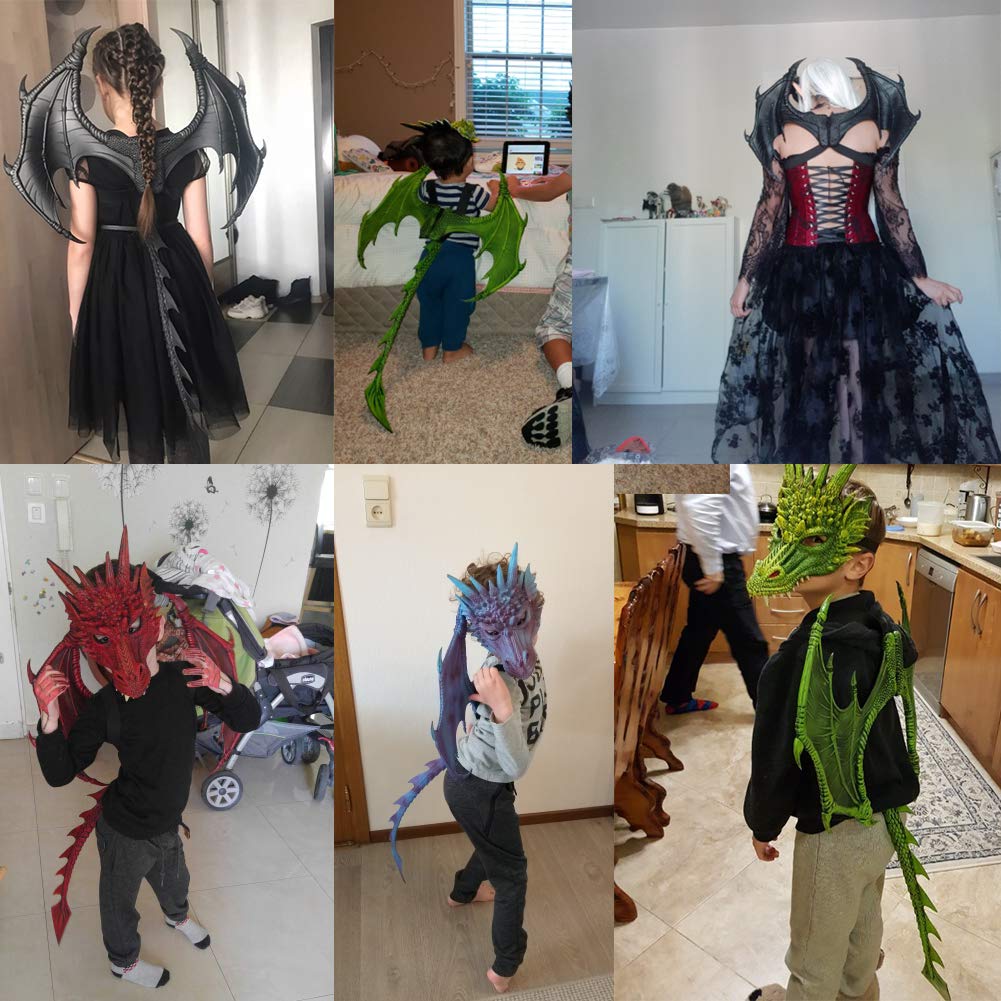 Crtepst Dragon Costume For Kids Boys Girls, Dragon Wing Tail Mask Set,Halloween Dinosaur Cosplay Set For Child (Blue Purple)