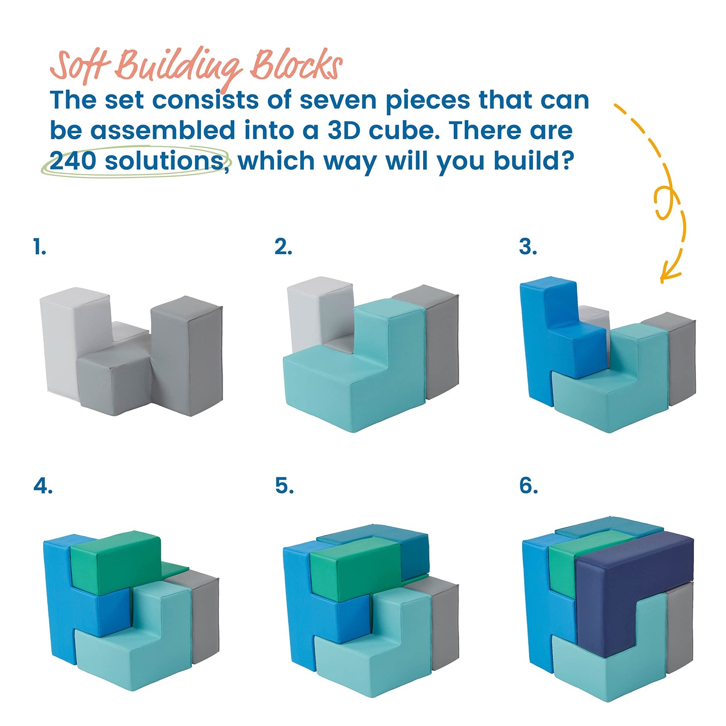 Ecr4Kids Softzone Brainy Building Blocks, Foam Puzzle, Contemporary, 7-Piece