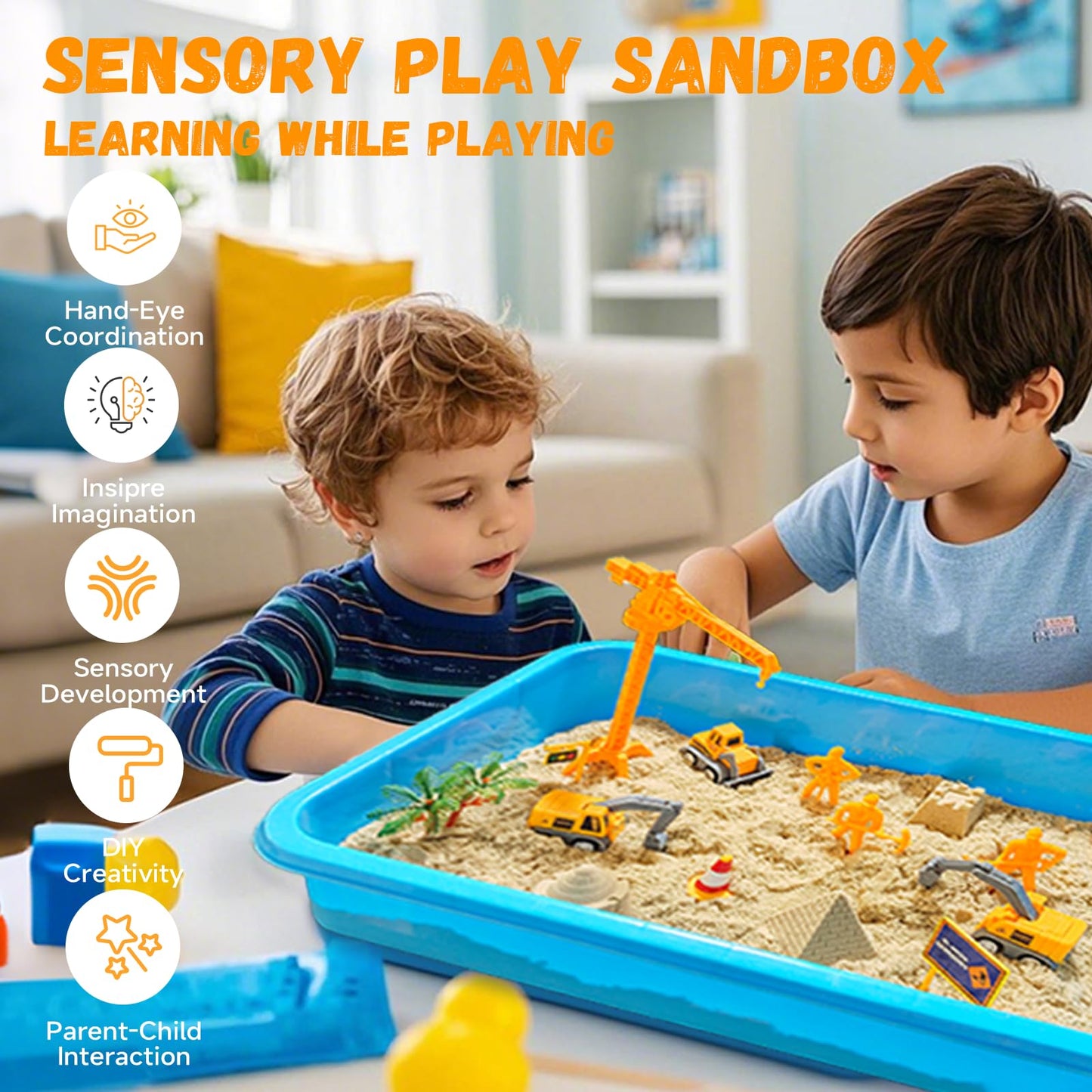 BlingCnsy Construction Sensory Bin with Lid, Play Sand Kit for Boys with 2.2lbs Magic Sand & 5 Construction Trucks, Sensory Cons