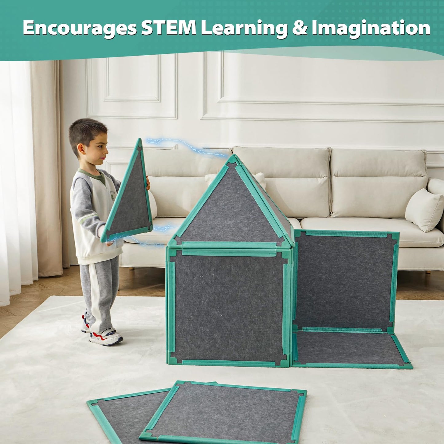 20-Piece Magnetic Fort Building Kit for Kids - Giant Modular Playhouse Panels, STEM Construction Toy for Creative Indoor Play, A