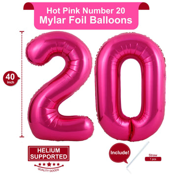 LHOAVWE Hot Pink Number Balloons - 40 Inch Aluminum 20th Birthday Party Supplies