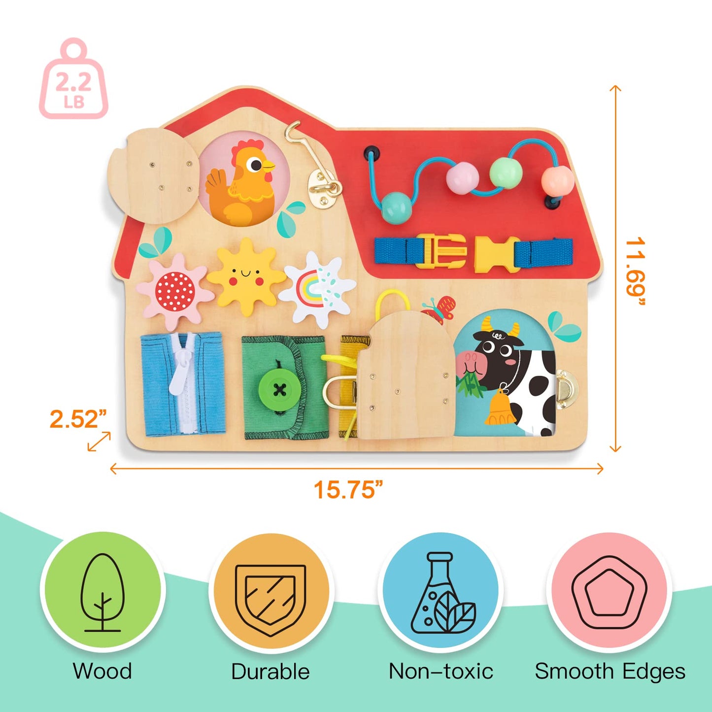 Tookyland Wooden Busy Board - Montessori Activity Board, Preschool Learning Sensory Toy For Kids 3 Years Old +