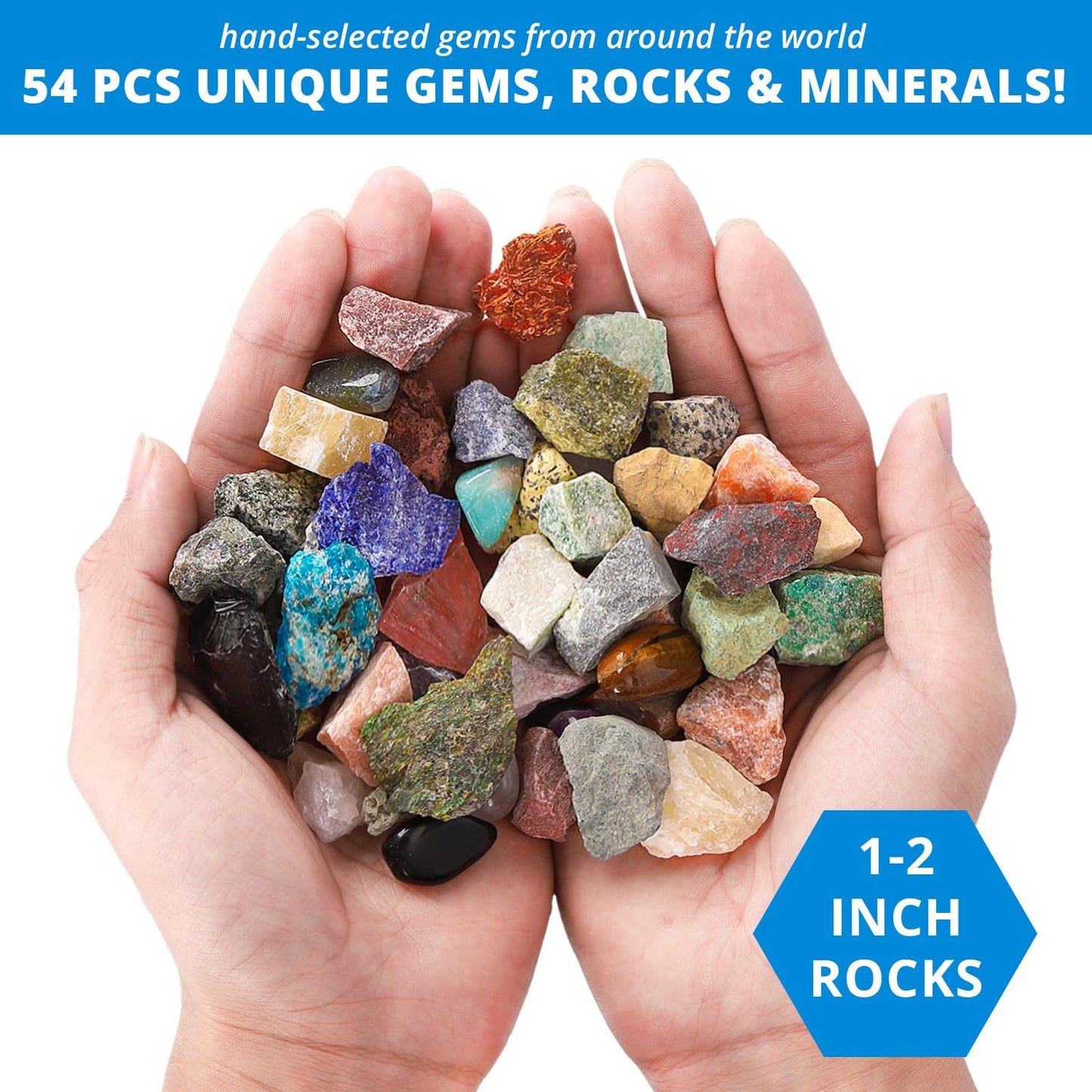 Pibex Rock Collection Starter Kit - 54 Pcs Assorted Gemstones, Crystals, Rocks & Minerals, With Learning Book & Id Cards, Earth