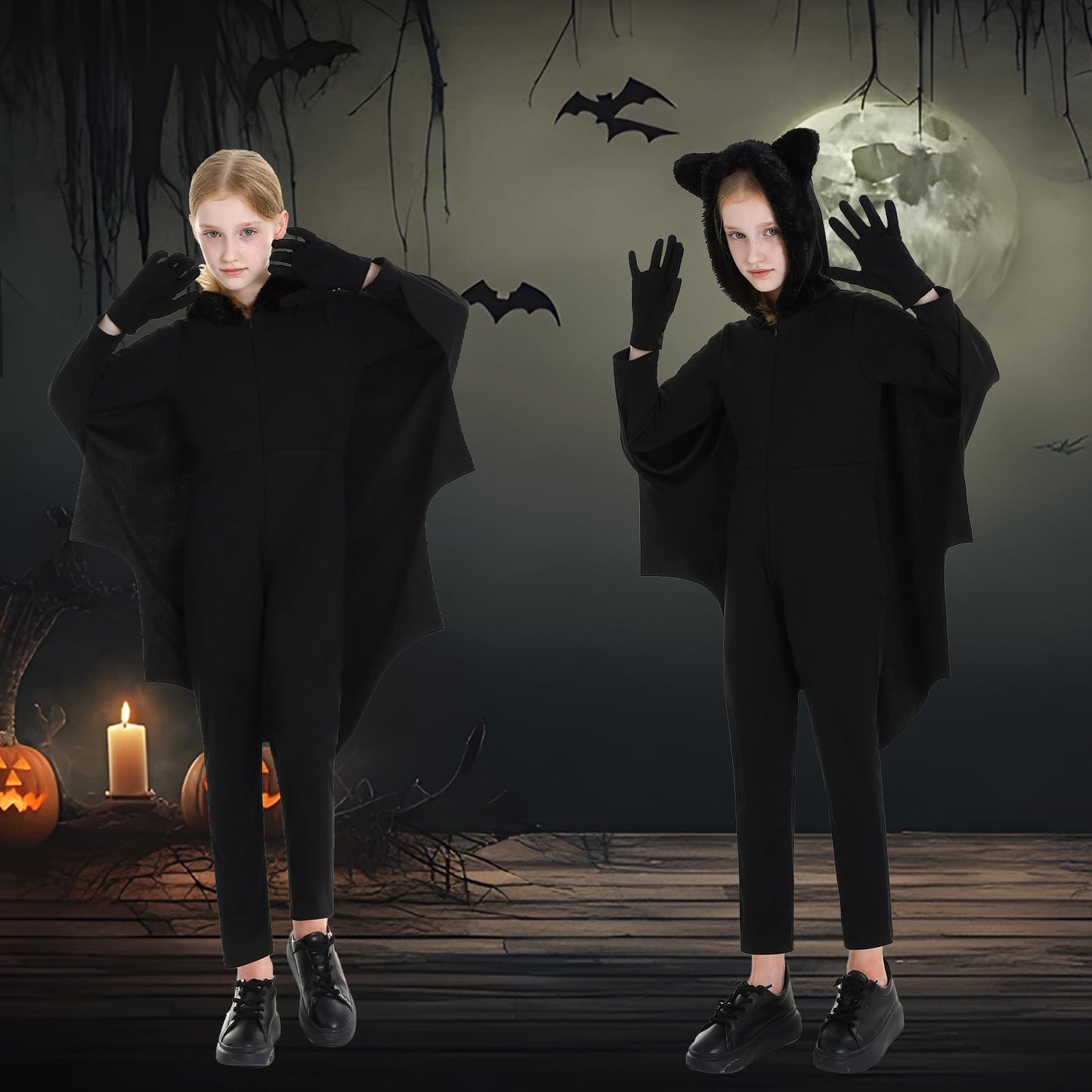 Bat Halloween Costumes For Kids, Bat Costume Kids Halloween Dress-Up Set With Flowing Black Wings, Gloves, And A Pair Of Cute Fu