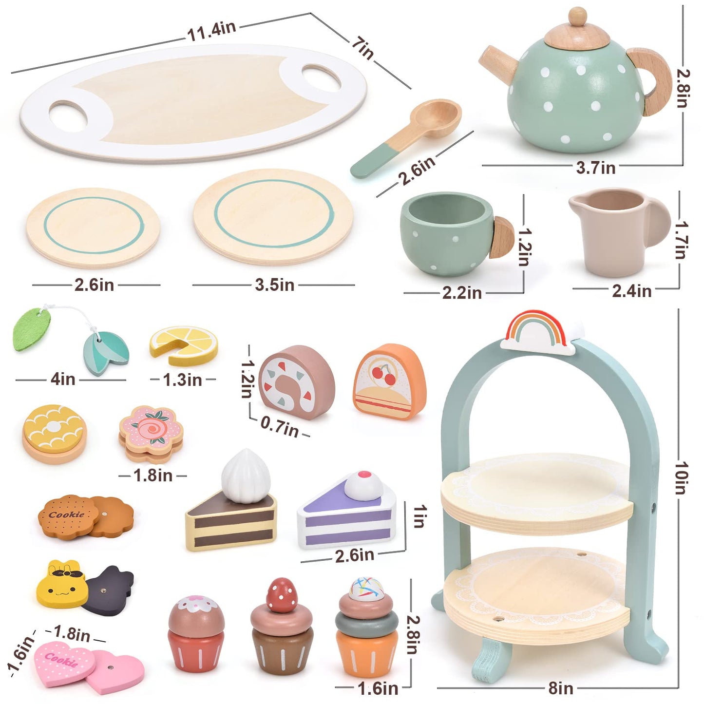 Atoylink Wooden Tea Party Set for Little Girls 28 Pcs Toddler Tea Set with Cupcake Stand & Food Pretend Play Accessories Kids Ki