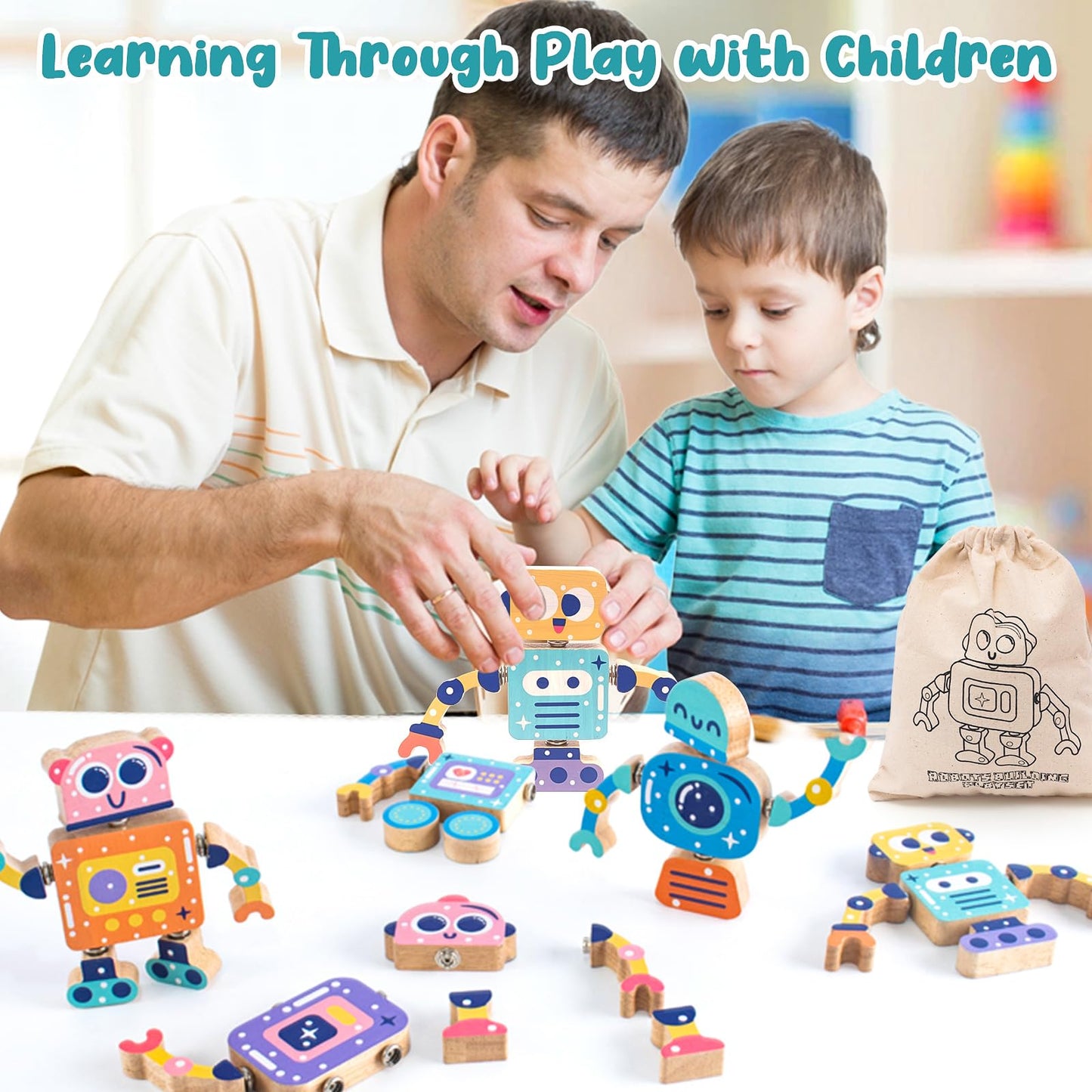 HAPGFS Wooden Robot Building Blocks Set - STEM Toys for Toddlers, 28 Pcs Montessori Fine Motor Skills Playset, Medium Size