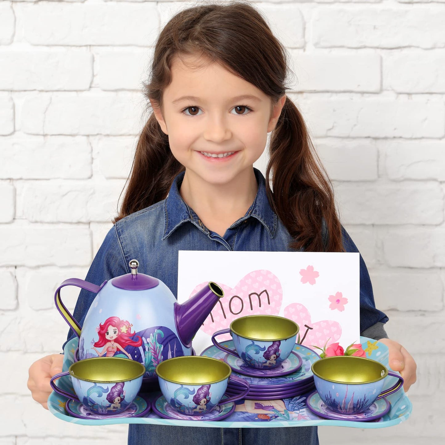 Tea Set For Little Girls Pretend Play Tin Tea Party Set Mermaid For Kids With Carrying Case (15 Pcs)