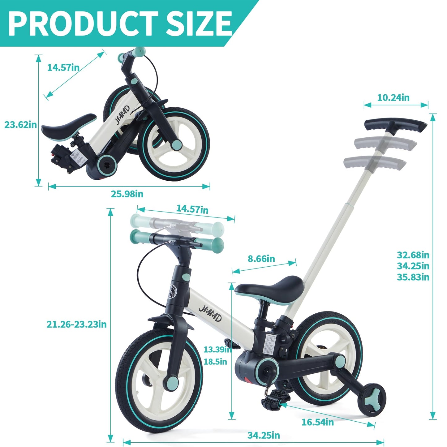 Jmmd Toddler Bike With Push Handle For Kids 18-60 Months, 6 In 1 Push Bike With Training Wheels & Pedals, Balance Bike For Boys And Girls With Brakes & Kickstand, Mint