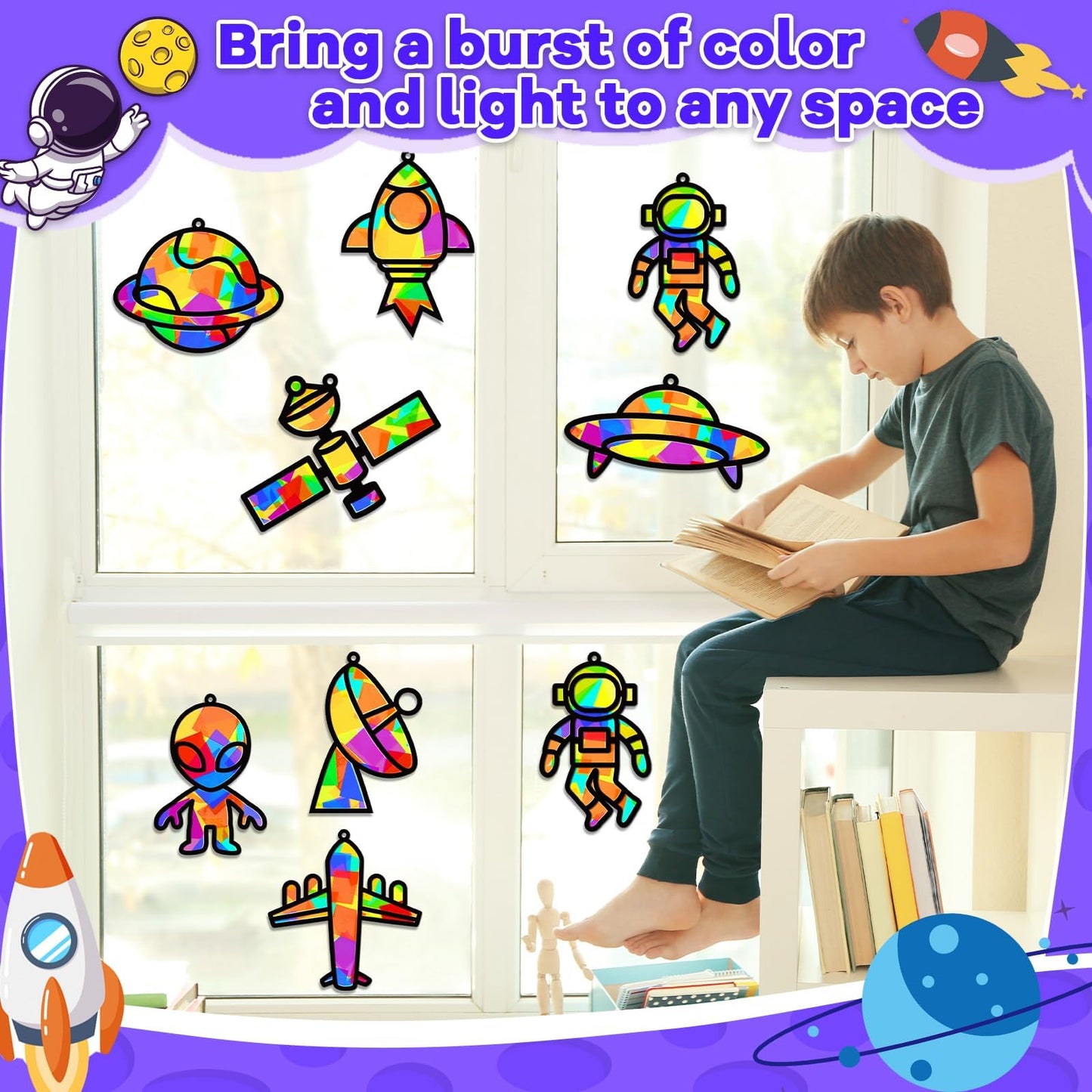 32 Sets Outer Space Suncatchers Craft Kit DIY Window Stained Glass Effect Planet Astronaut Alien Paper Crafts Home School Classr