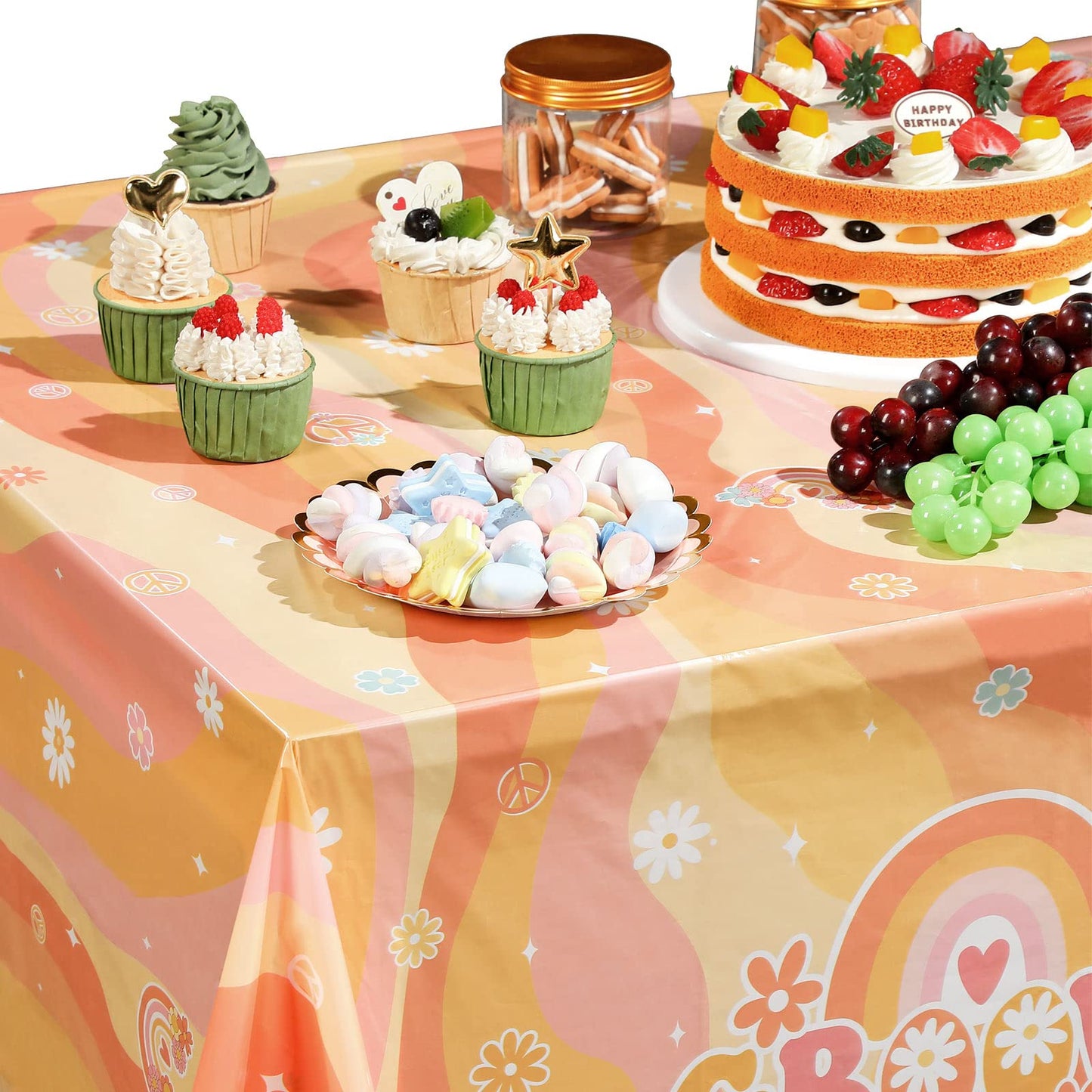 Tiamon 3 Pieces Rainbow Plastic Groovy Tablecloths Retro Hippie Table Covers for Rectangle Table, Disposable Daisy Flower Rainbo