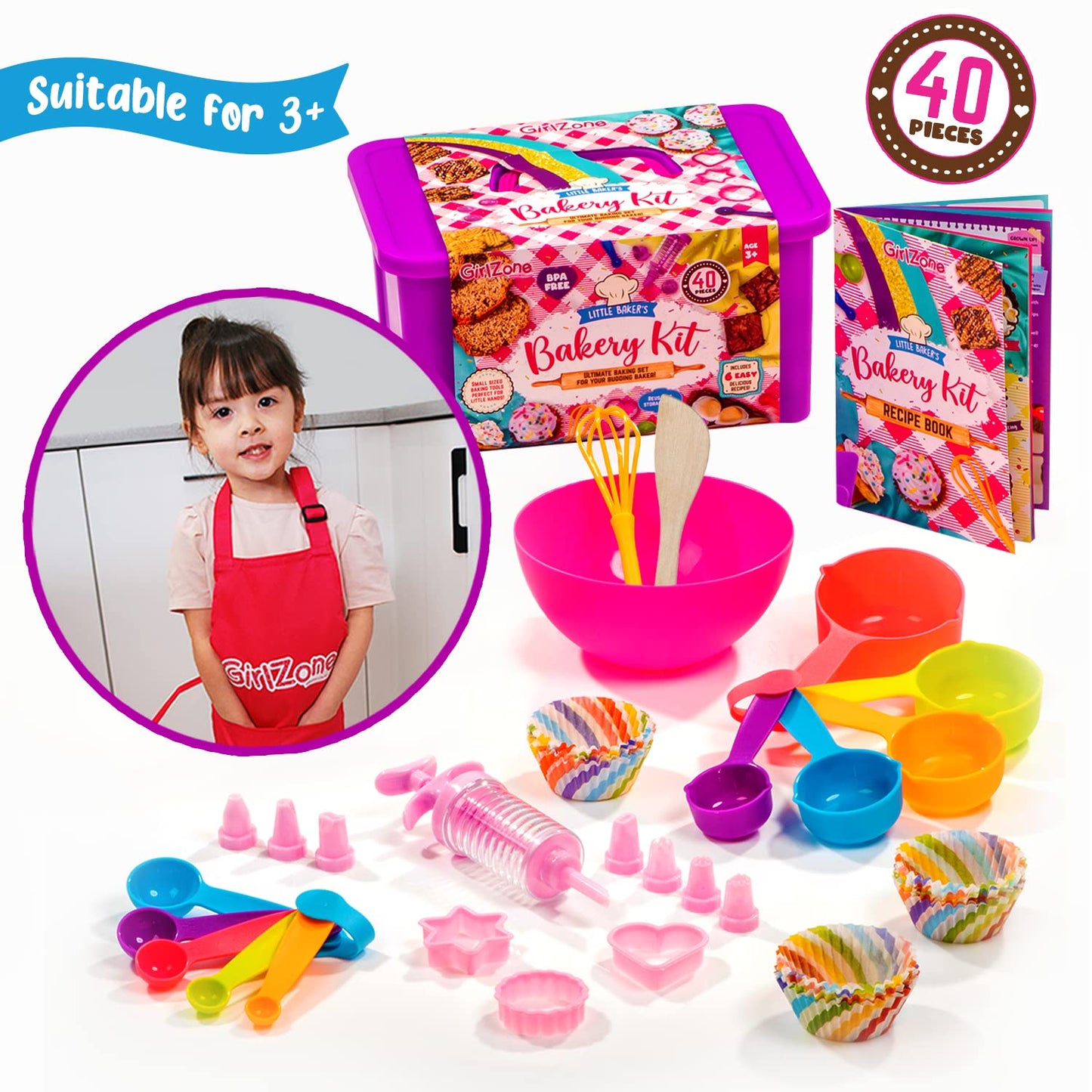 GirlZone Little Baker's Bakery Set, 40pc Kids Baking Set with Baking Utensils for Kids, Apron and Recipes to Make Yummy Baked Go