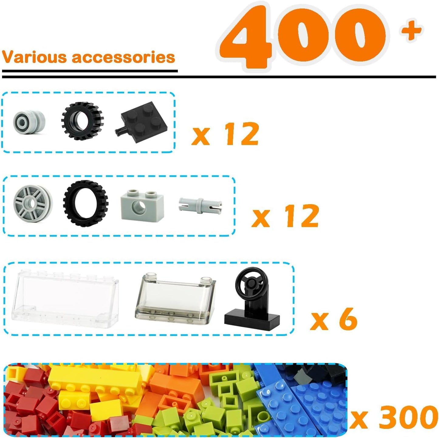 Classic Bricks Wheels And Axles Sets, Over 400Pcs Car Parts And Pieces Tires, Educational Building Kits Toys