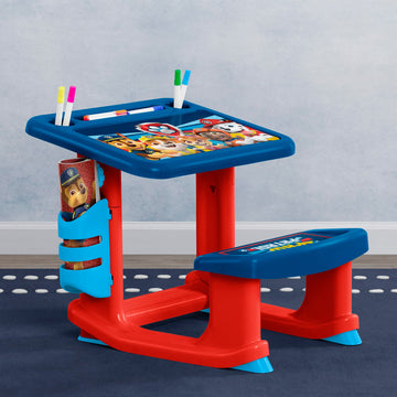 Delta Children PAW Patrol Draw and Play Desk – Compact Blue Plastic, Includes 10 Markers & Coloring Book, Model TT87445PW-1121