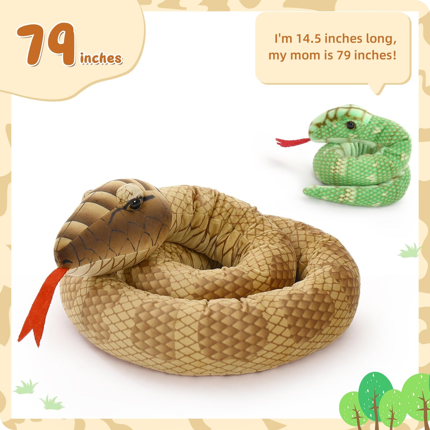 Morismos Giant Snake Stuffed Animal Mommy With Babies, Realistic Stuffed Snakes Plush Toy, 80' Long Brown Boa Constrictor For Kids, Girls, Boys, Halloween, 3 Snake Babies, 3 Snake Eggs