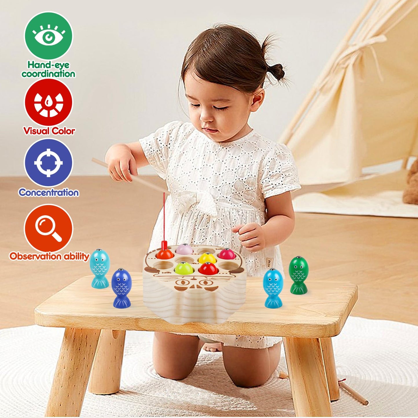 Naodongli Wooden Magnetic Fishing Game For Toddlers 1-3,Montessori Preschool Education Activities Fishing Toys Learning Fine Motor Skills Best Birthday Gift For 3 4 5 Year Old Boys Girls