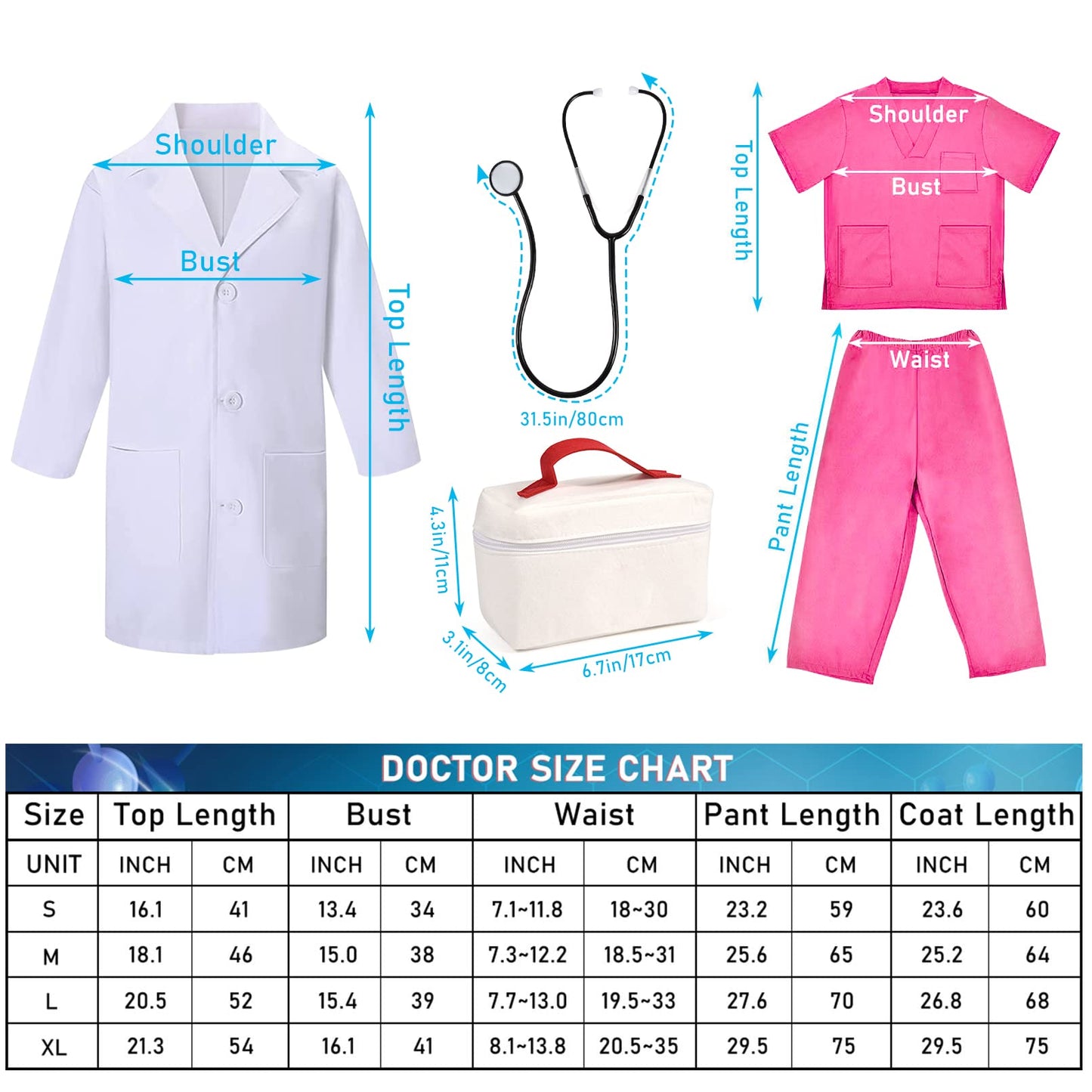 Toylink Doctor Costume For Kids Girls Halloween Doctor Dress Up With Lab Coat Carrying Bag Accessories Pretend Play Kit