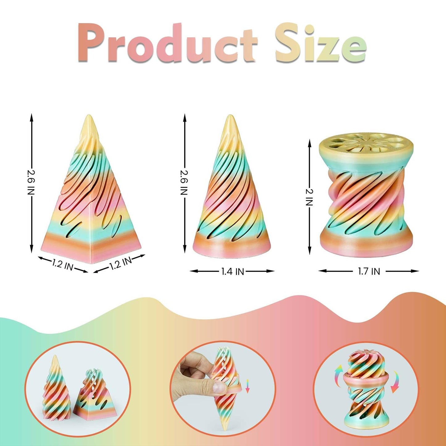 3PCS Impossible Cone 3D Printed Spiral Cone Fidget Toys Impossible Pyramid Passthrough Sculpture Stress Relieving Toys for mature-themeds and Kids Stocking Filler White Elephant Gifts (Candy Color-2)