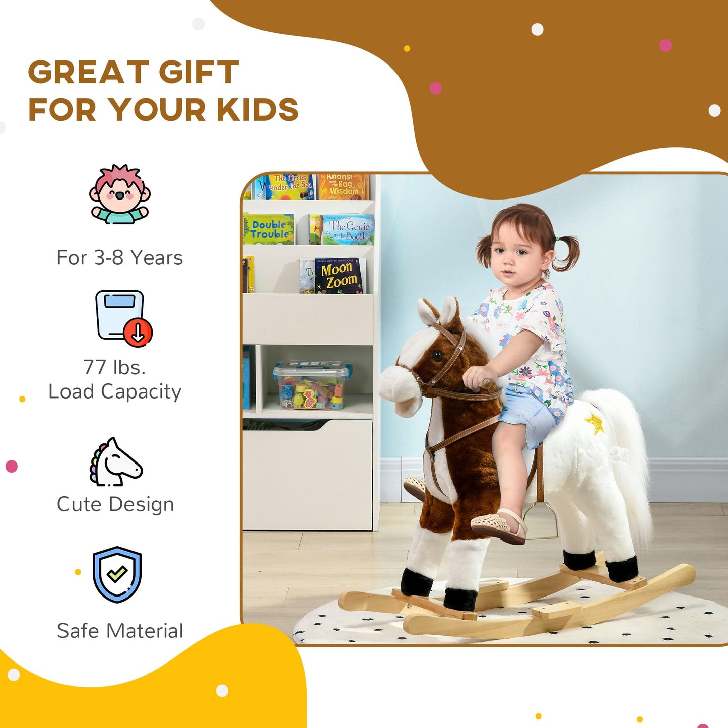 Qaba Rocking Horse With Sound, Ride On Horse With Saddle, Toddler Rocker, Gift For 3-8 Year Old, Brown