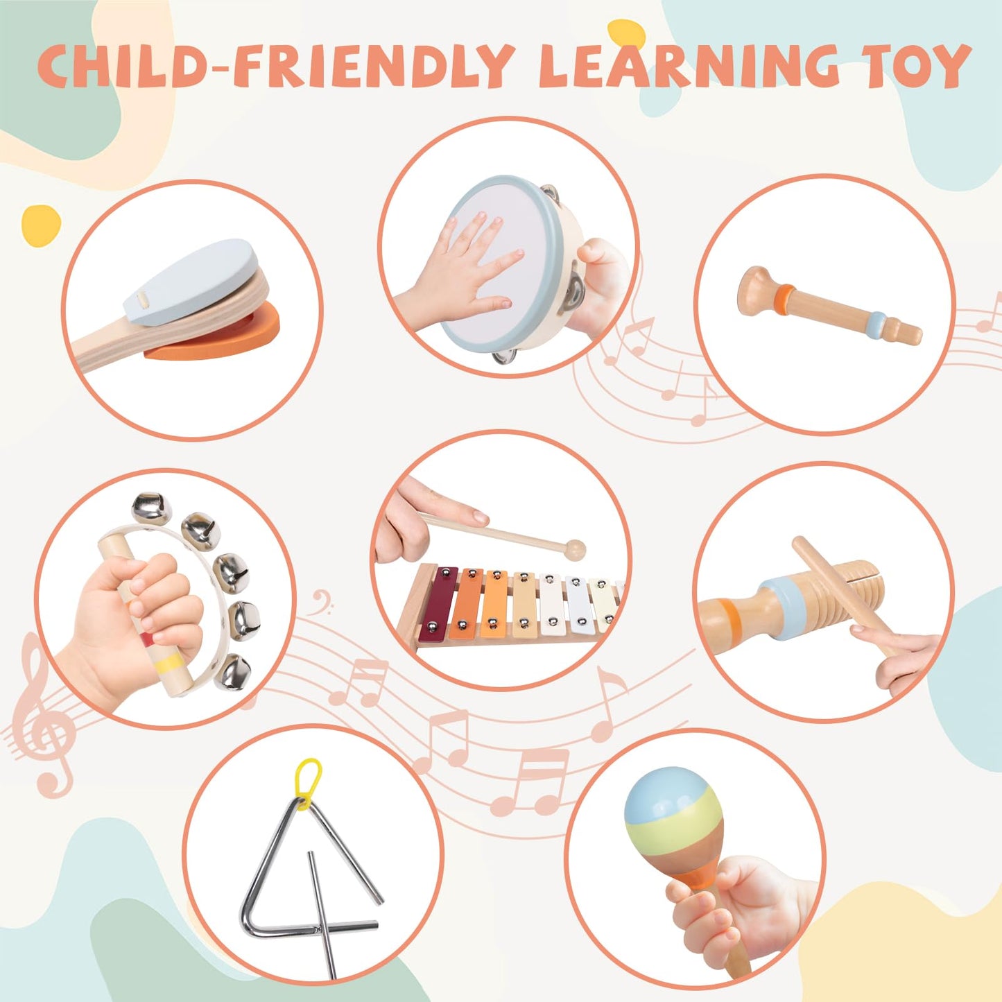 Toddler Musical Instruments Set - Montessori Toys Wooden Percussion Baby Drum Xylophone Maracas Set, Sensory Toys For 18 Month O