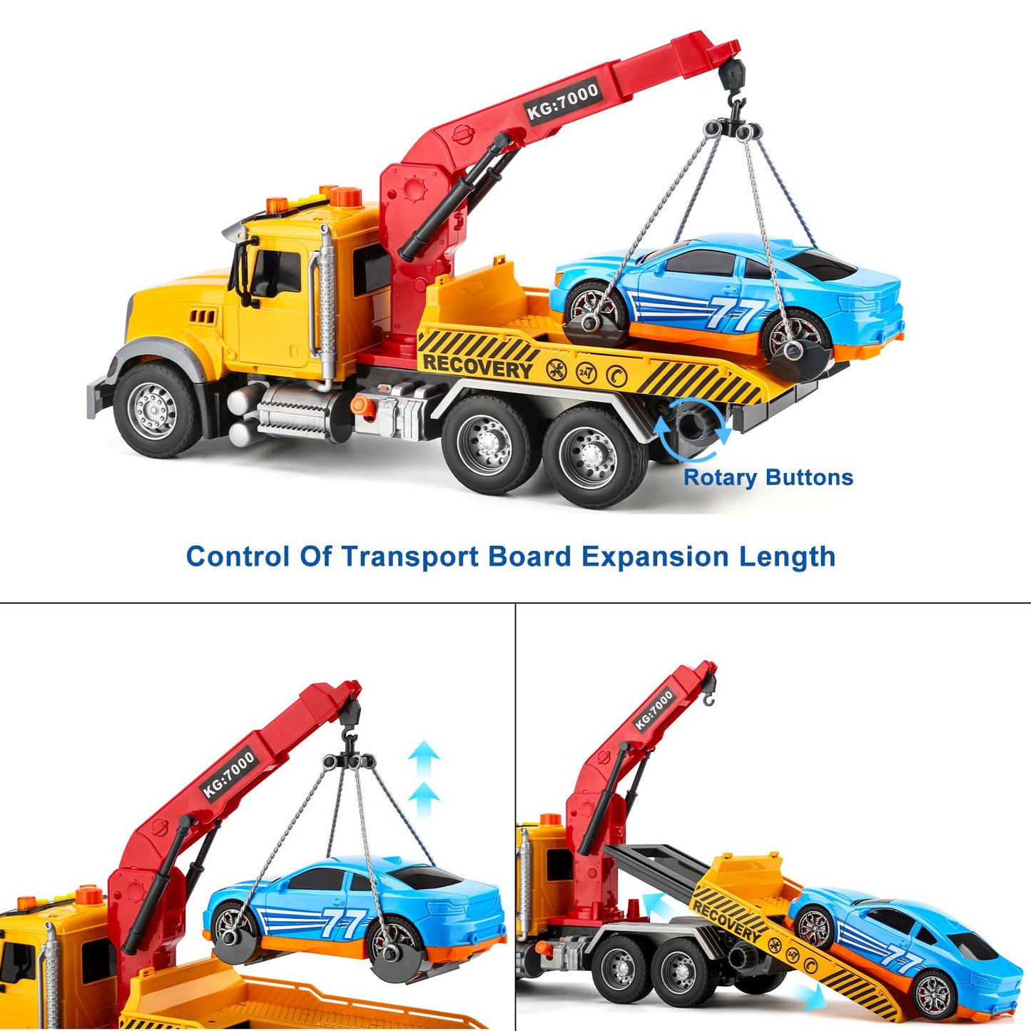 Kids Tow Truck Toy with Car for Boys 4-7 Years Old - Big Tow Truck for Kids Flatbed and Crane with Sounds and Lights, Road Rescu